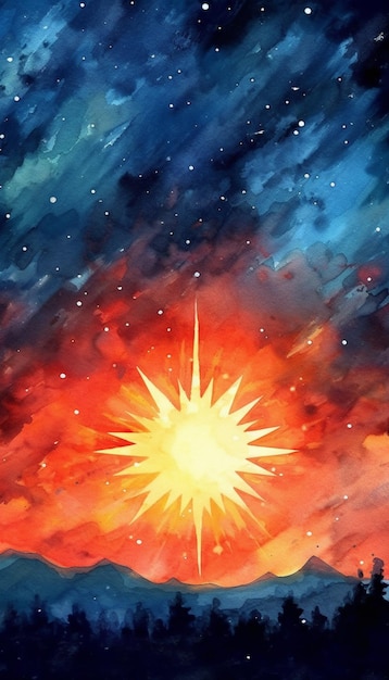 Painting of a star in the sky with a mountain in the background generative ai