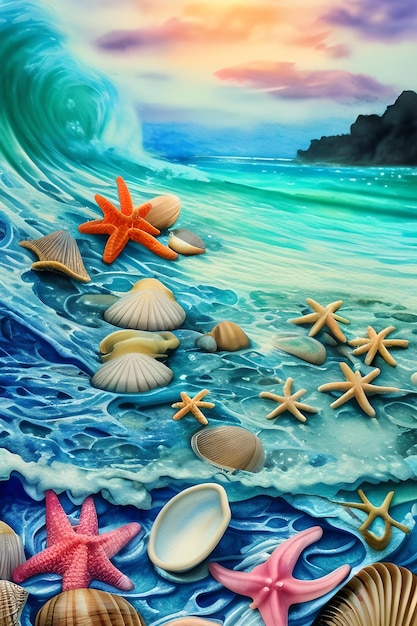 A painting of starfish and shells on the beach.