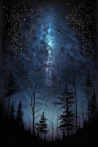 A painting of a starry night sky with the milky way in the background.