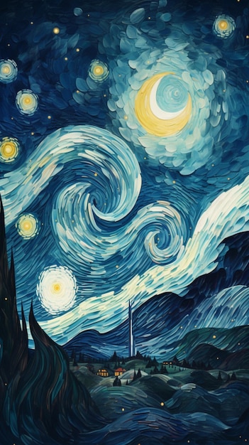 A painting of a starry night with the moon in the sky.