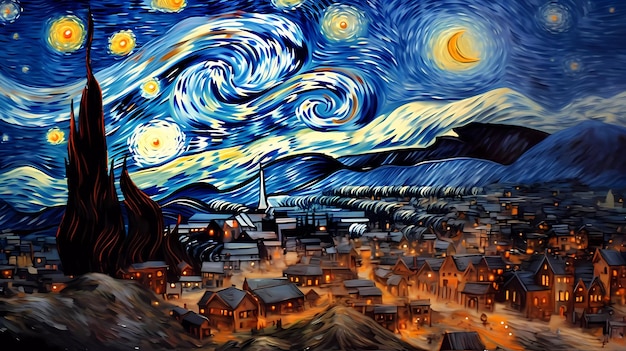 A painting of starry night with the starry sky above it.