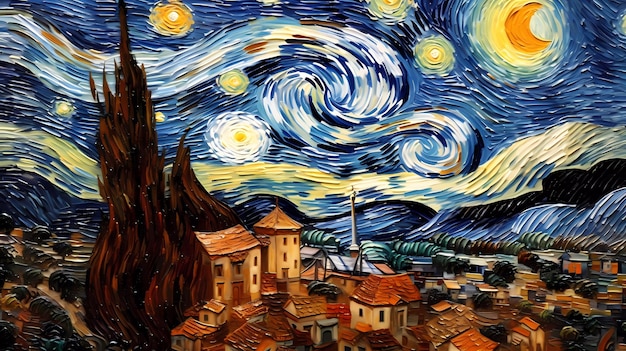 A painting of starry night with the starry sky above it.