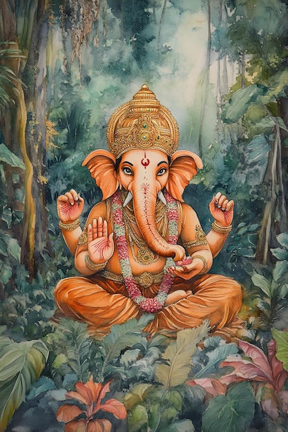 a painting of a statue of an elephant in the jungle