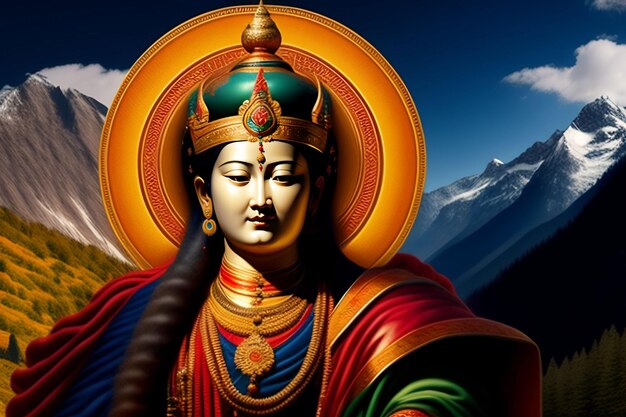 A painting of a statue of a god with a mountain in the background.