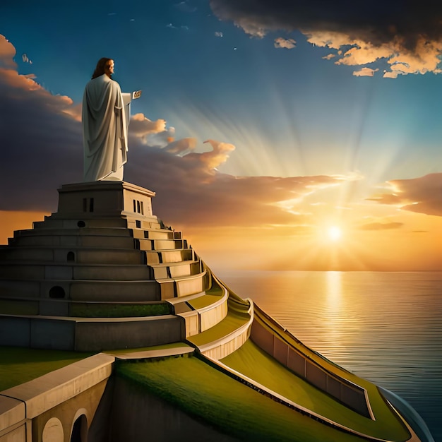 A painting of a statue of jesus standing on a cliff with the sun setting behind it.