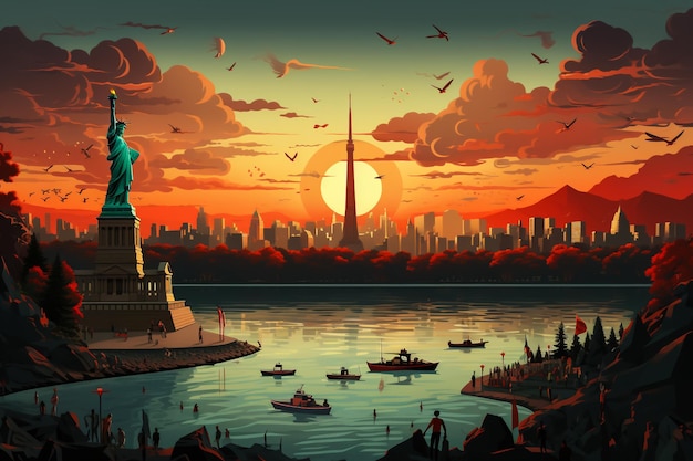 a painting of a statue of liberty and the moon in the sky