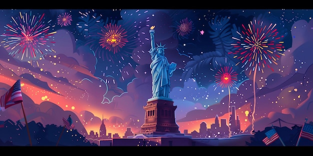 A painting of the Statue of Liberty with fireworks in the background