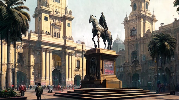 A painting of a statue of a man on a horse in front of a building that says'the word " on it.