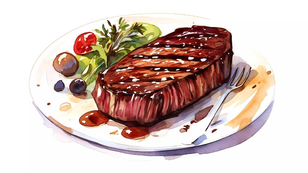 A painting of a steak on a plate with salad and vegetables.