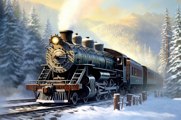 painting of a steam engine train traveling through a snowy forest generative ai