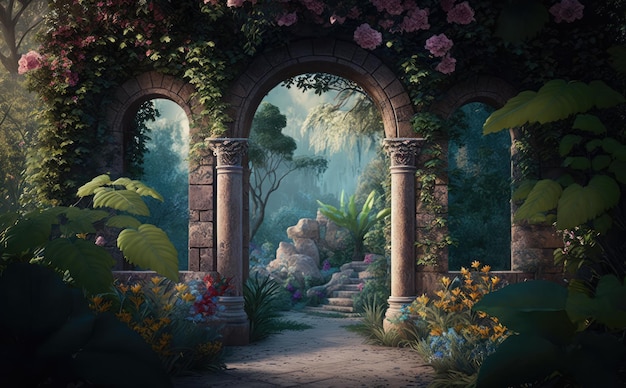 A painting of a stone arch with flowers and plants in the background.