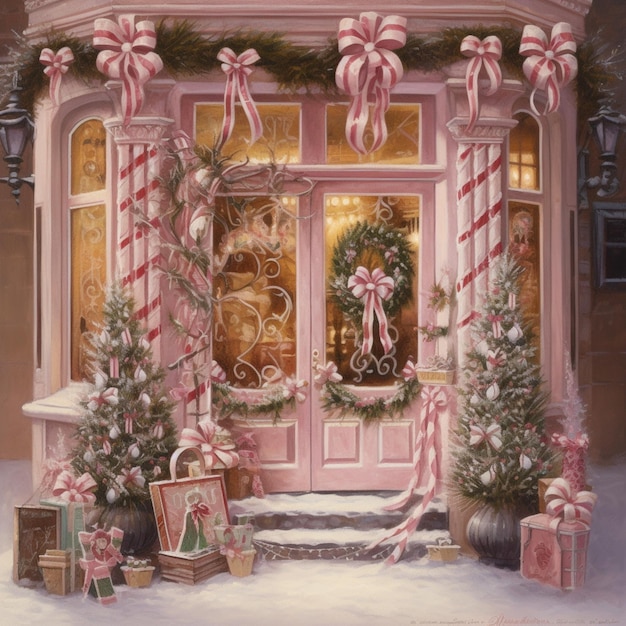 A painting of a store front with a pink door and a red and white bow.