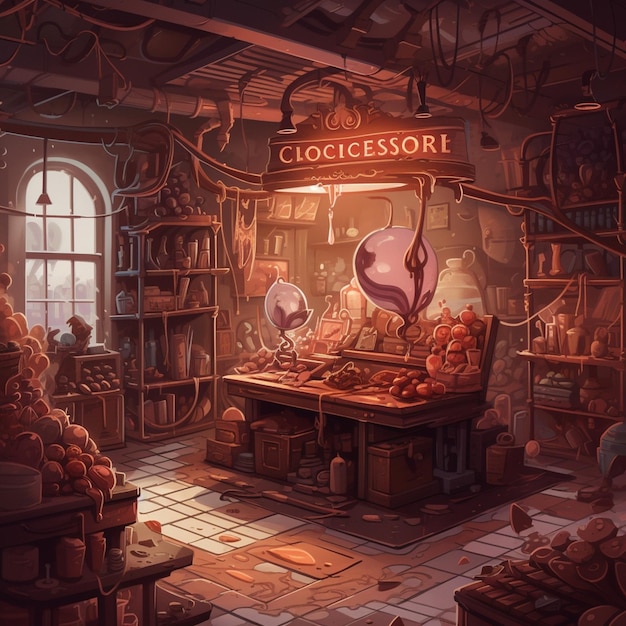 A painting of a store with a sign that says " clogciles ".