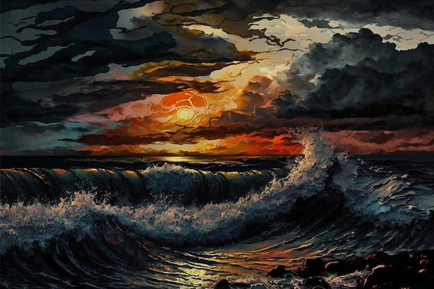 A painting of a stormy ocean with a storm in the background.