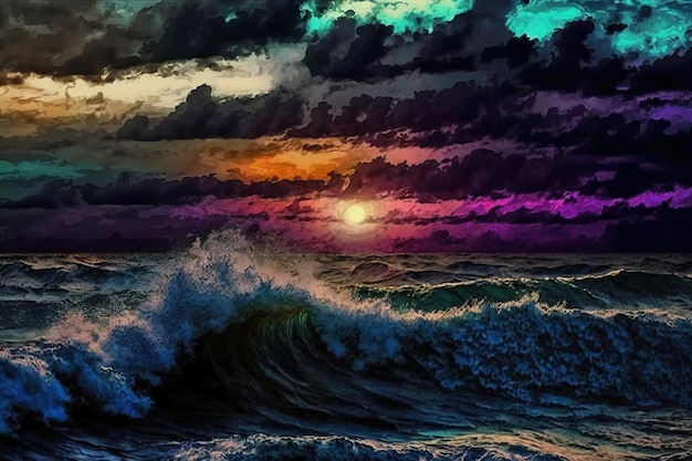 A painting of a stormy ocean with a sunset in the background.