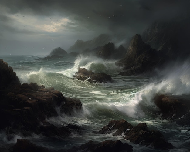 A painting of a stormy ocean with waves crashing against it.