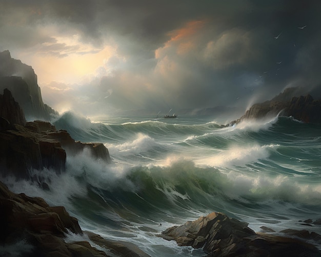 A painting of a stormy sea with a boat in the distance.