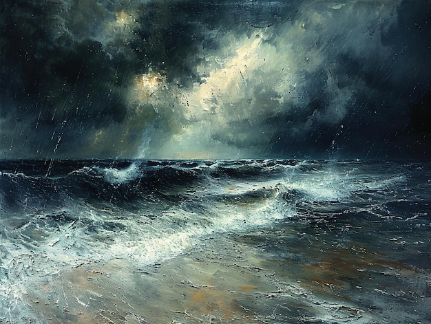 a painting of a stormy sea with the sun shining through the clouds