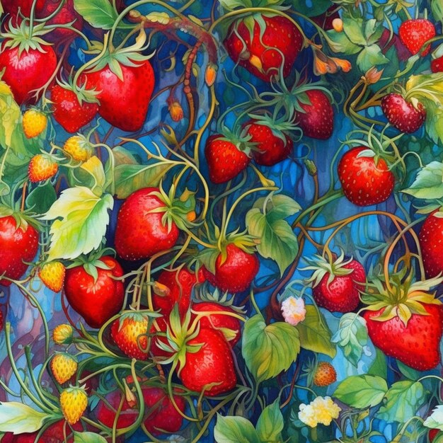 A painting of strawberries on a blue background