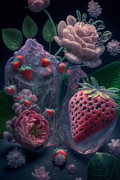 Painting of strawberries and roses in a vase generative ai