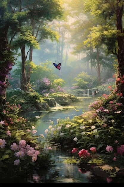 Painting of a stream in a forest with a butterfly flying over it generative ai