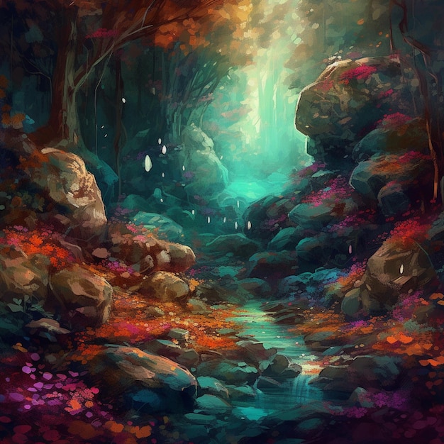 A painting of a stream in the forest with a colorful background.