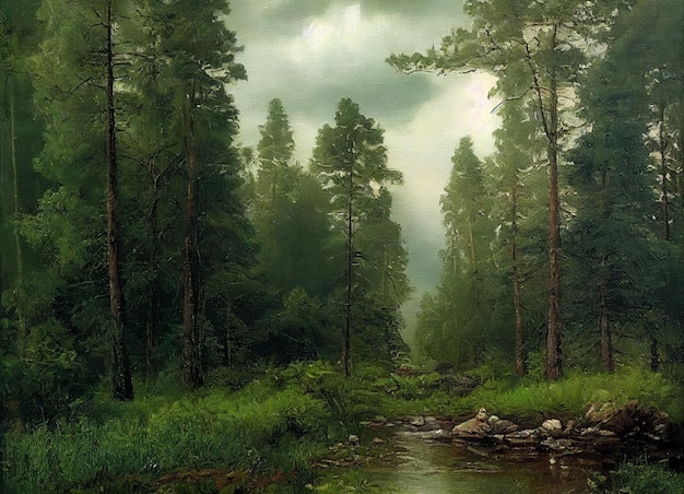 Painting of a stream in a forest with trees and rocks generative ai