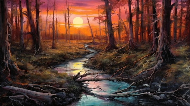 Painting of a stream running through a forest with a sunset in the background generative ai