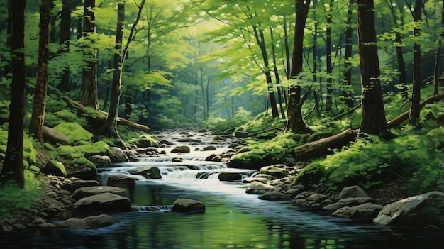 Painting of a stream running through a lush green