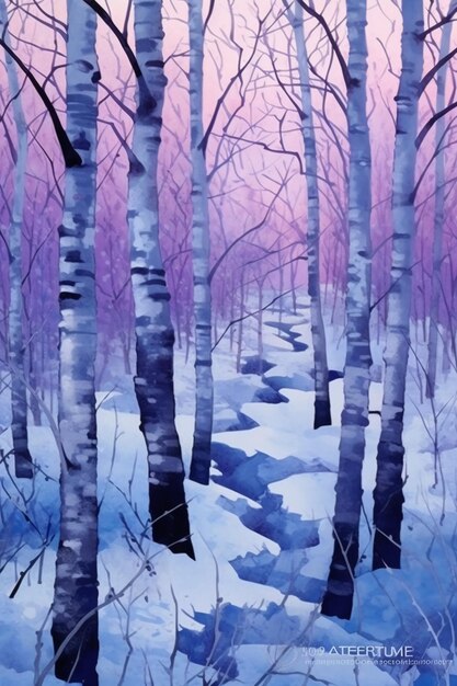 A painting of a stream in a snowy forest.