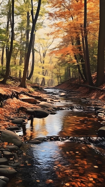 a painting of a stream that has the sun shining through it