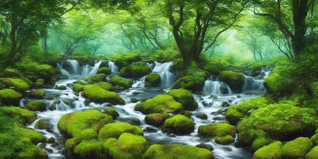 A painting of a stream with moss covered rocks and a waterfall.