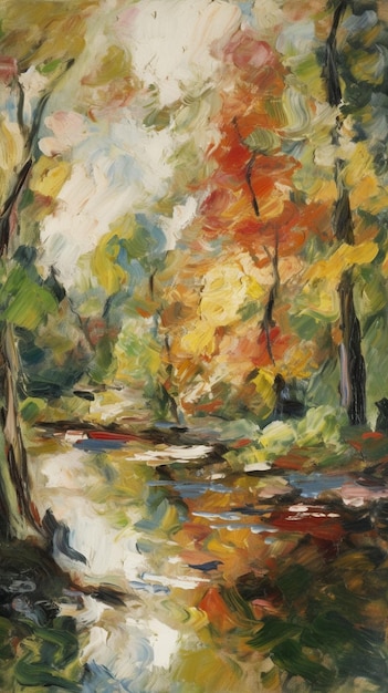 A painting of a stream with trees in the background.