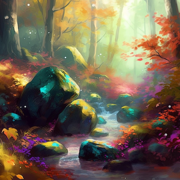 A painting of a stream in the woods with a colorful background.