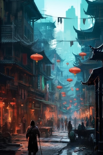 A painting of a street scene with a chinese lantern hanging above it.