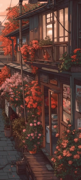 A painting of a street scene with flowers and a storefront.