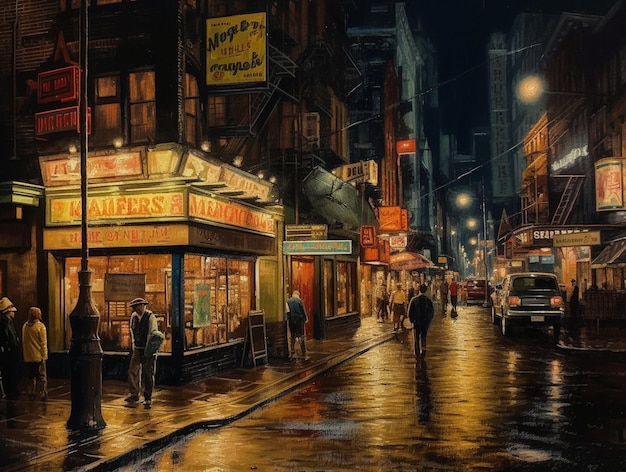 A painting of a street scene with a lit up sign that says nightlife.