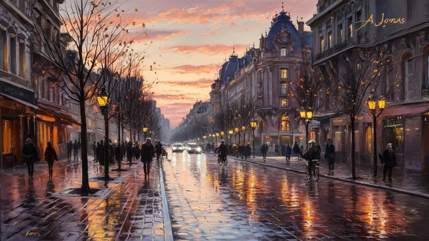 a painting of a street scene with a sunset in the background