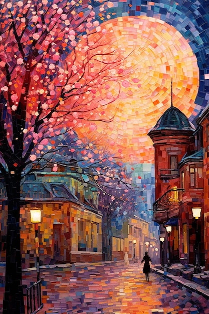 A painting of a street scene with a tree in the middle and a sunset in the background.