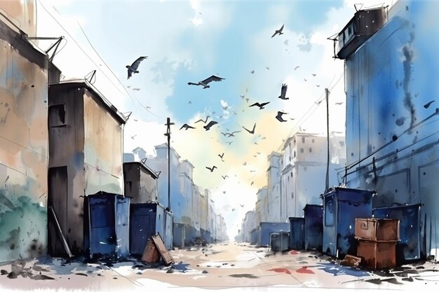 A painting of a street with birds flying in the sky