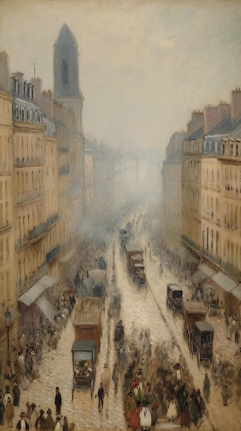 A painting of a street with a building on the left side and a building on the right side.