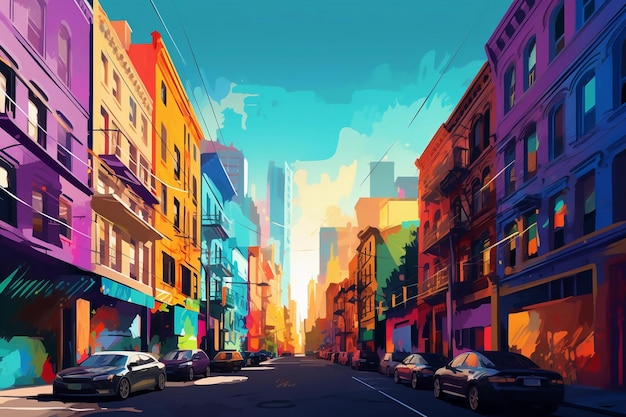 A painting of a street with a colorful cityscape and a building with a blue sky in the background.