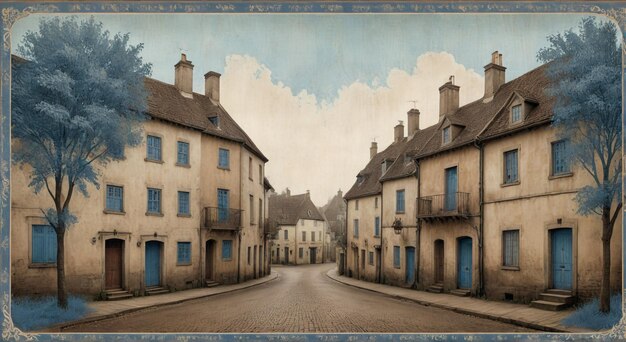 a painting of a street with houses and a blue door