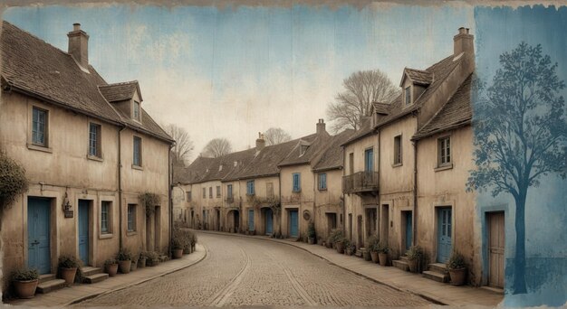 a painting of a street with houses on the left and a blue door on the right