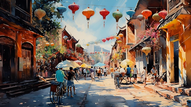 a painting of a street with a lot of umbrellas hanging from the ceiling