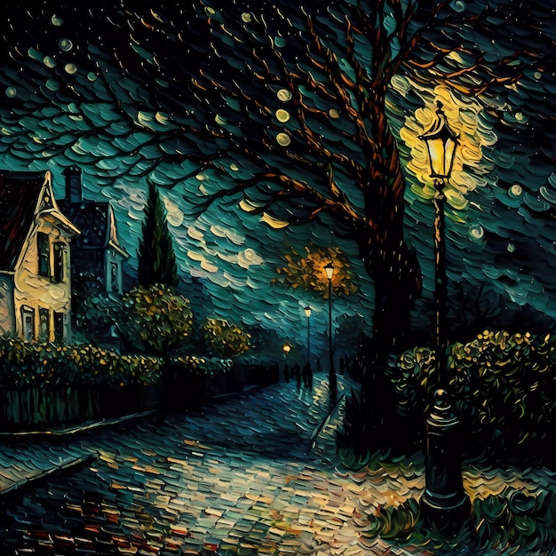 A painting of a street with a street lamp and the moon in the background.