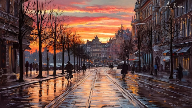 a painting of a street with a sunset in the background