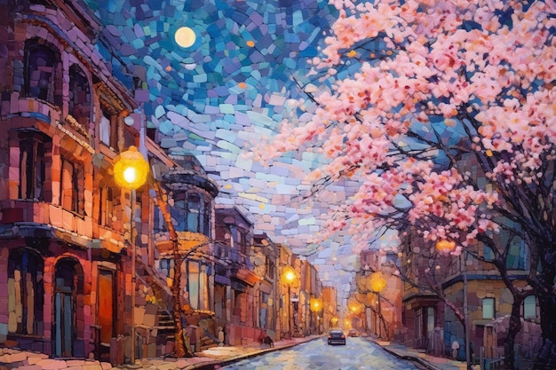 A painting of a street with a tree in the middle