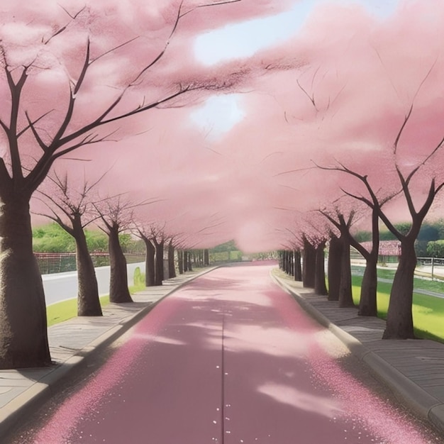 a painting of a street with trees and a pink sky