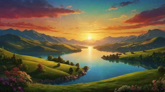 Painting style illustration of beautiful peaceful morning Landscape background wallpaper